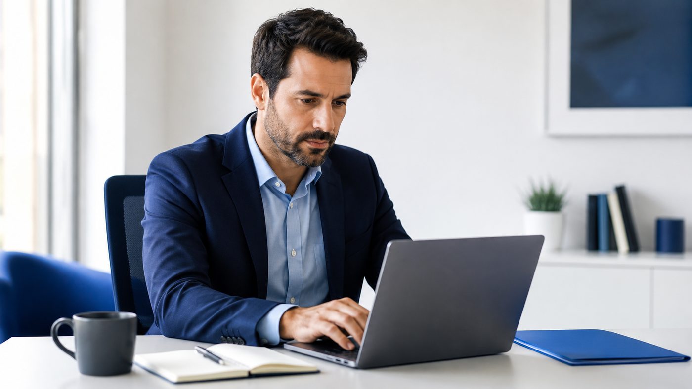 Salarié consultant son dossier sur un ordinateur portable, dans un espace calme.